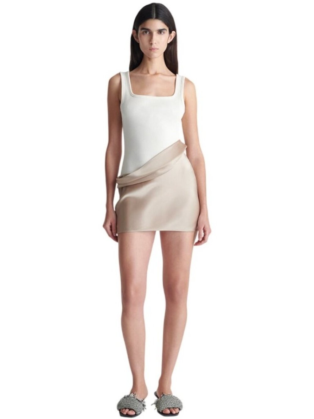 Nanushka Fabric Block Cremè Ribbed Satin Tank Mini Dress Size Small New With Tag